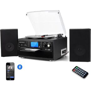 DIGITNOW Bluetooth Record Player Turntable with Stereo Speaker, LP Vinyl to MP3 Converter with CD, Cassette, Radio, Aux in and USB/SD Encoding, Remote Control, Audio Music Player Built in Amplifier