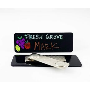 Nap Tags Chalkboard Name Badges with Magnetic Backer – Black Rectangle, 3" x 1", for Customizable Labeling and Easy Attachment.