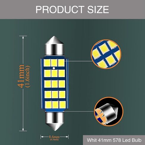 قطعتان من لمبات LED ساطعة للغاية للسيارة، شرائح 1.6 بوصة 6000K 2835 لمبات 1200LM لمصابيح باب خريطة القبة الداخلية LED 211-2 212-2 569 6411 6451 41 مم 42 مم (أبيض) in Kuwait