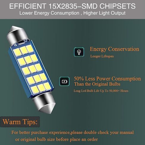 قطعتان من لمبات LED ساطعة للغاية للسيارة، شرائح 1.6 بوصة 6000K 2835 لمبات 1200LM لمصابيح باب خريطة القبة الداخلية LED 211-2 212-2 569 6411 6451 41 مم 42 مم (أبيض) in Kuwait