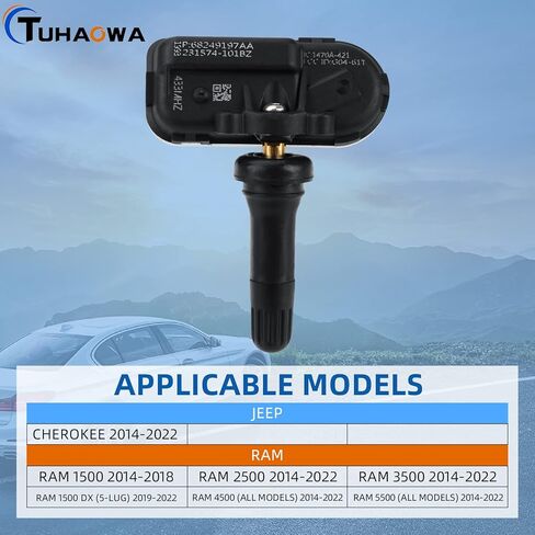TPMS Sensor 68249197AA Preprogrammed Tire Pressure Monitoring System Replacement for 2014-2018 RAM 1500 2500 3500 4500 5500 Jeep Cherokee OE# 68249197AA 68239720AA- 4Pack in Saudi Arabia