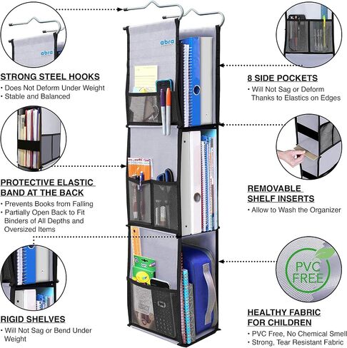 ABRA® 3 Shelf Hanging Locker Organizer for School, Gym, Work, Storage | Deep Shelves 6.5"x 9"| Eco-Friendly Fabric Healthy for Children | Adjustable School Locker Shelf from 3 to 2 Shelves (Black/Red) in Saudi Arabia