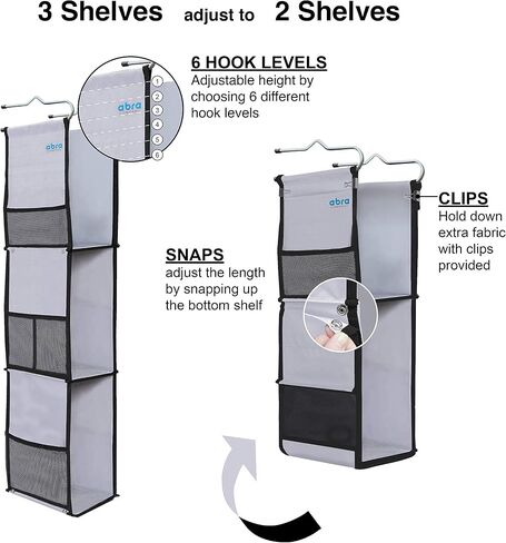 ABRA® 3 Shelf Hanging Locker Organizer for School, Gym, Work, Storage | Deep Shelves 6.5"x 9"| Eco-Friendly Fabric Healthy for Children | Adjustable School Locker Shelf from 3 to 2 Shelves (Black/Red) in Saudi Arabia