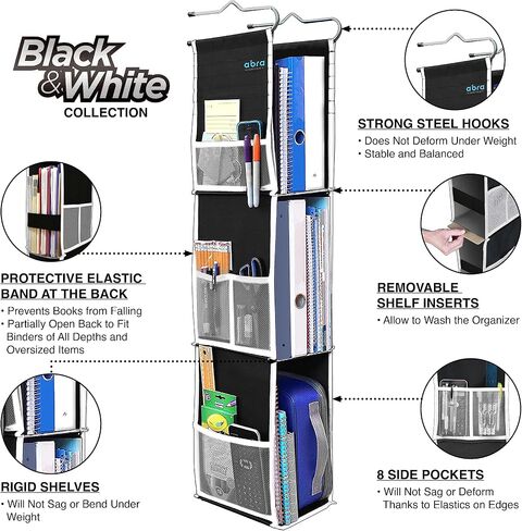 ABRA® 3 Shelf Hanging Locker Organizer for School, Gym, Work, Storage | Deep Shelves 6.5"x 9"| Eco-Friendly Fabric Healthy for Children | Adjustable School Locker Shelf from 3 to 2 Shelves (Black/Red) in Saudi Arabia