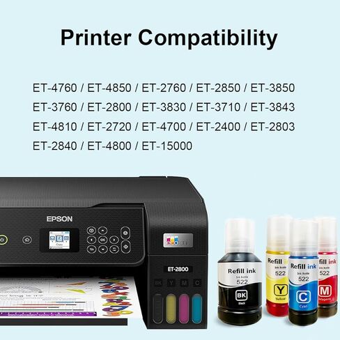 522 زجاجات إعادة تعبئة الحبر بديلة لمجموعة حبر إعادة التعبئة المتوافقة مع Epson لطابعة EcoTank ET-2800 ET-2720 ET-4700 ET-4800 ET-2710 ET-2803 4 عبوات in Kuwait