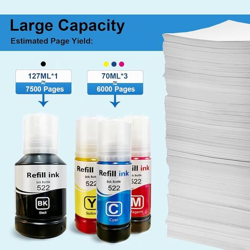 522 زجاجات إعادة تعبئة الحبر بديلة لمجموعة حبر إعادة التعبئة المتوافقة مع Epson لطابعة EcoTank ET-2800 ET-2720 ET-4700 ET-4800 ET-2710 ET-2803 4 عبوات in Kuwait