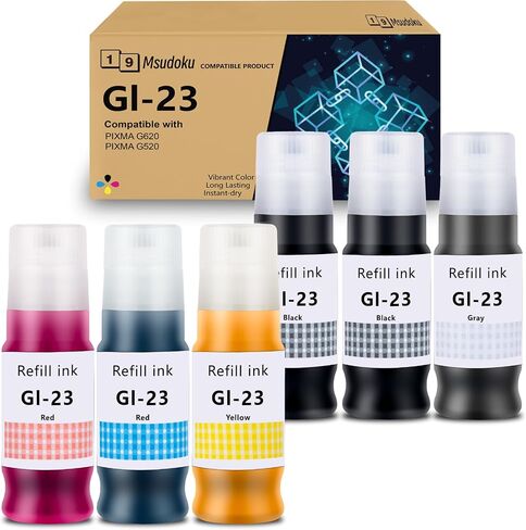 Msudoku GI23 Ink Refill Bottle (6Pack) Compatible Replacement for Canon GI-23 GI23 Refill Ink Bottle Use with Canon Pixma G620 PIXMA G620 Ink Refill Printer (BK/C/M/Y/GR Not Sublimation Ink) in Saudi Arabia