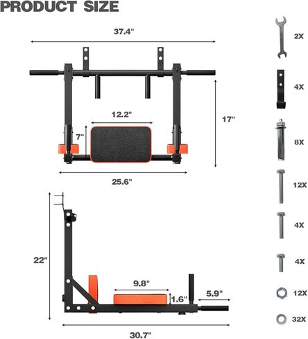 Wall Mounted Pull-Up-Bar Chin Up bar Dip Station for Indoor Home Gym Workout Multifunctional Power Tower Set Training Equipment Fitness Dip Stand Supports to 440 Lbs in Kuwait