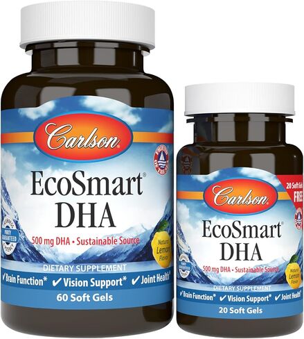 كارلسون - EcoSmart DHA، 500 مجم DHA، مصدر مستدام، رؤية صحية ووظيفة الدماغ، ليمون، 60+20 كبسولة هلامية in Saudi Arabia