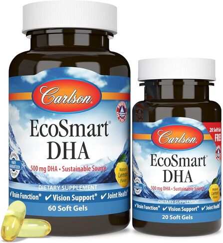 كارلسون - EcoSmart DHA، 500 مجم DHA، مصدر مستدام، رؤية صحية ووظيفة الدماغ، ليمون، 60+20 كبسولة هلامية in Saudi Arabia