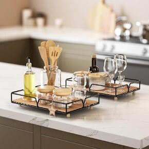 Boho Decorative Serving Tray 2 Pack, Farmhouse Ottoman Tray with Cork Liner for Coffee Table Kitchen Dinning Table Entryway, Retro Rectangular Room Decor Tray for Organizing