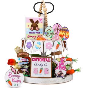 12 Pieces Easter Tiered Tray Decor Farmhouse Mini Bunny Rabbits Eggs Wooden Spring Sign Decor Decorative Trays Signs Rustic for Home Table Kitchen Office (Cute Style)