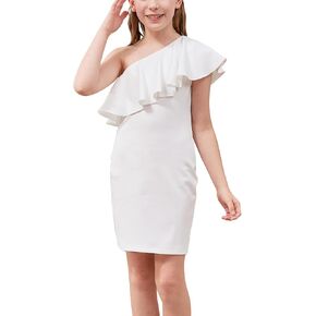 GORLYA Girls One Shoulder Ruffle Trim Overlay Flounce Sleeve Slim Fitting Pencil Cocktail Party Dress 8-16Y