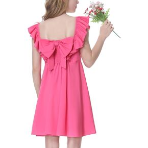 Mebius Girls Bow Back Square Neck Ruffle Sleeve Preppy Dress Tween Cute School Dance A Line Dresses 8-14Y