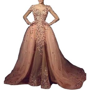 Detachable Train Appliques Tulle Mermaid Prom Evening Wedding Shower Dress Pageant Party Gala Gown