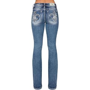 Miss Me Women's Fleur De Lis Abstact Stitch Mid-Rise Bootcut Jeans