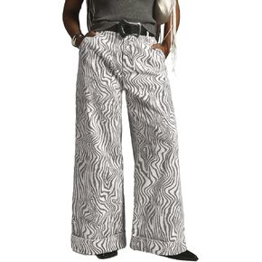 Women's Zebra Printed Wide Leg Pants Double Hem High-Rise Cuffed Baggy Jeans