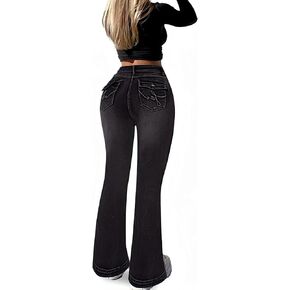 SEASUM Butt Lifting Bootcut Jeans Tummy Control Trendy Flare Leg Jeans for Women Casual Flap Pockets Denim Pants in Kuwait