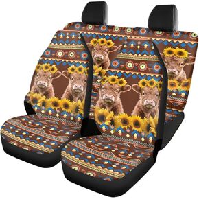 Bulopur Highland Cow Automotive Seat Cover 4Pcs, Car with Front Drive Seat Cover and Rear Split Bench Cover, Auto Interior Decoration Fits Most Cars, SUVs, and Trucks