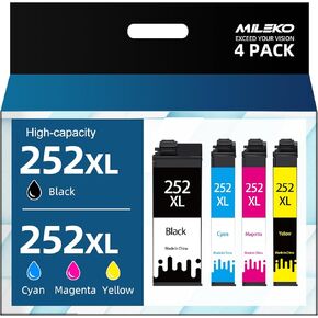 MILEKO Remanufactured Ink Cartridge Replacement for Epson 252 252XL T252XL (Black, Magenta, Yellow and Cyan, 4-Pack) to Work for Epson Workforce WF-3640 WF-7720 WF-3620 WF-7710 WF-7620 WF-7610 Printer