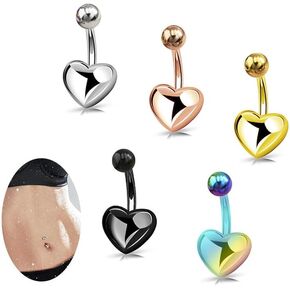 5pcs 14G Heart Belly Button Rings for Women Men, Simple Belly Ring Minimalist Navel Barbell, Metallic Gold Rose Black Colorful Stainless Steel Internally Threaded Body Piercing Jewelry Gift for Besties Friends BFFs