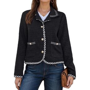 Women's Contrast Trim Coat Jewel Buttons Shirt Collar Long Sleeve Cardigan Stitch Jacket Tweed Jacket with Pocket
