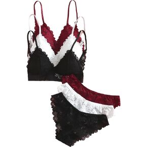 SOLY HUX Women's 6 Piece Floral Lace Lingerie Bralette Bra and Panty Set