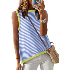 Dokotoo Womens Summer Tops 2024 Casual Striped Color Block High Neck Tank Top Loose Knit High Low Sleeveless Shirts Blouses