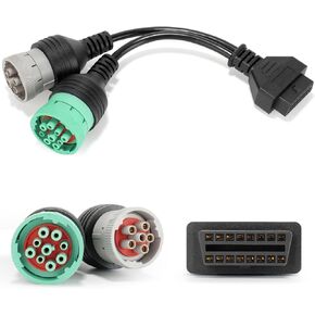OBD to Type 2 Green 9p J1939 and 6p J1708 Split Y Cable for Diesel Truck Diagnostics Adapter, 2 in 1 9-Pin and 6-Pin OBD2 Cable Connector Fit for Heavy Duty Truck