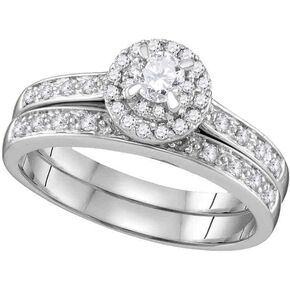 14K White Gold Womens Round Diamond Halo Bridal Wedding Engagement Ring Band Set 1/2 Cttw