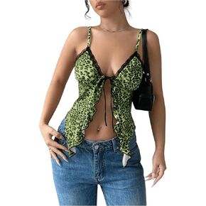 Milumia Women's Lace Leopard Print Tie Front Cami Top Ruffle V Neck Spaghetti Strap Camisole