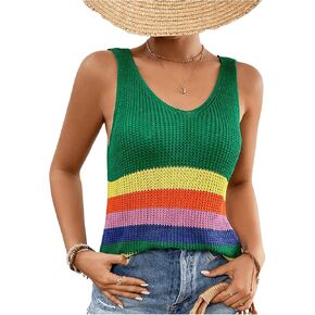 Verdusa Women's V Neck Sleeveless Striped Knitted Top Casual Tank Shirt