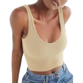 Artfish Women's Sleeveless Shirt Ribbed Fitted Scoop Neck Basic Crop Tank Top Cropped