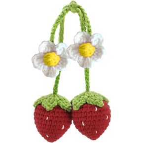 Crochet Strawberry Car Hanging Ornament, Handmade Knitted Car Mirror Hanging Accessories, Car Rear View Mirror Charm, Cute Car Pendant Auto Interior Aesthetic Decor Accessories Present (Red) in Saudi Arabia