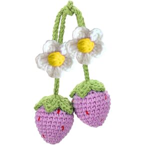 Crochet Strawberry Car Hanging Ornament, Handmade Knitted Car Mirror Hanging Accessories, Car Rear View Mirror Charm, Cute Car Pendant Auto Interior Aesthetic Decor Accessories Present (Red)