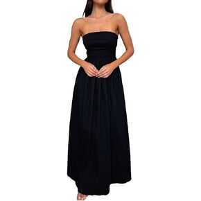 Women Summer Strapless Maxi Tube Dress 2024 Trendy Solid Pleated Flowy Dress Wedding Guest Maxi Dresses Party Club