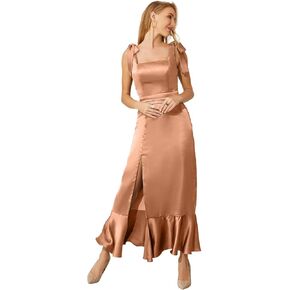 Women's Satin Bridesmaid Dresses Short for Wedding Side Slit Midi Formal Evening Party Dresses