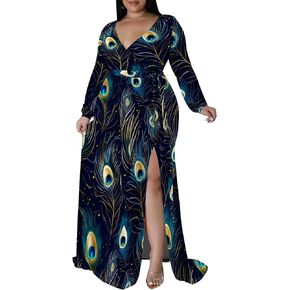 Plus Size Dresses for Women Floral Print Maxi Dress Slit Flowy 3/4 Sleeve with Belt