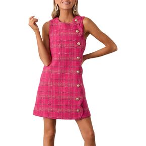 Plaid Sleeveless Tweed Mini Dress Womens Round Neck Petal Jackie Dress Elegant Party Cocktail Dress