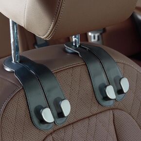 CoBak Headrest Hooks for Car - Universal Premium Stitched Leather and Aluminum-Magnesium Alloy Double Car Seat Back Storage Hook for Purses, Handbags, Bags (2 Pack),Black