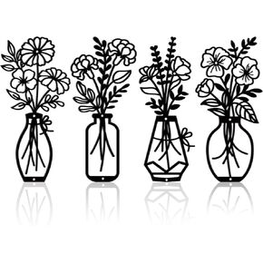 4PCS Metal Vase Wall Art Black Metal Flowers Wall Decor Minimalist Floral Wall Hanging Decor Metal Flowers Wall Arts Metal Wall Sculptures Hanging for Living Room Bathroom Kitchen