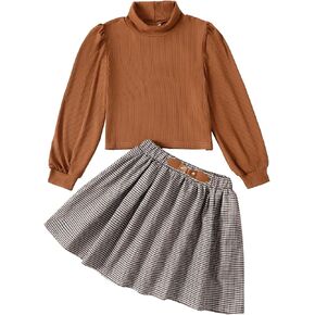 Girls Pleated Skirt Set Fall Winter 2 Piece Outfit Lattice Dresses Long Sleeve Top Cute Clothes Outfit for Kid