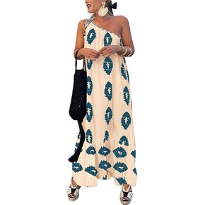 PRETTYGARDEN Women's Summer One Shoulder Spaghetti Strap Dresses Printed A Line Flowy Boho Beach Vacation Maxi Long Sundress