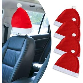4 PCS Car Santa Hat Seat Headrest Cover, Christmas Classic Color Dust Cover Plush Soft Decorations, Creative Cute Reusable Protective Cover, Universal for Most Cars (Red)