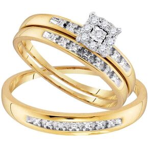 Solid 10k Yellow Gold His and Hers Round Diamond Cluster Matching Couple Three Rings Bridal Engagement Ring Wedding Bands Set 1/10 Ct.