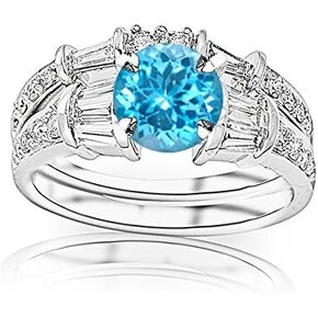 2.83 Carat t.w 14K White Gold Baguette And Round Brilliant Diamond Engagement Ring and Wedding Band Set w/a 2 Carat Round Cut Blue Swiss Blue Topaz Heirloom Quality