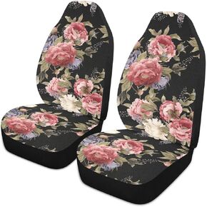 Dark Vintage Floral Flowers Print Car Seat Covers Set of 2,Seamless Floral Pattern with Peonies Watercolor Universal Auto Front Seat Protector for Women Cute Car Accessories Fit for Car Truck