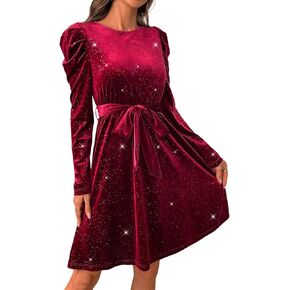Women's Velvet Dress Long Puff Sleeve Glitter Crew Neck Elastic High Waist Cocktail Party Dress