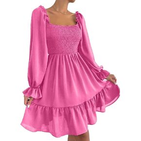 Ekaliy Women's Square Neck Puff Sleeve Dress Smocked Casual A Line Swing Flowy Ruffle Hem Babydoll Mini Dress
