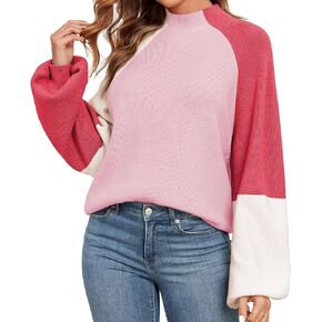 Upopby Women's Fall Winter Color Block Sweaters for Women Trendy Turtleneck Lantern Sleeve Knitted Sweater Jumper Tops